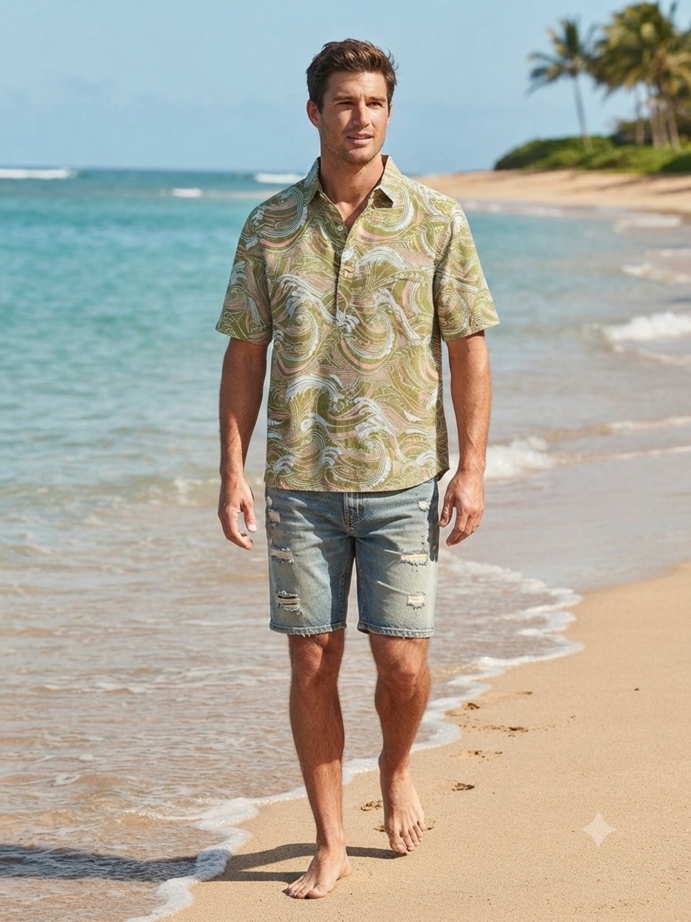 Go Barefoot Men's Short-Sleeve Hawaiian Popover Shirt in Green Wave Print Large